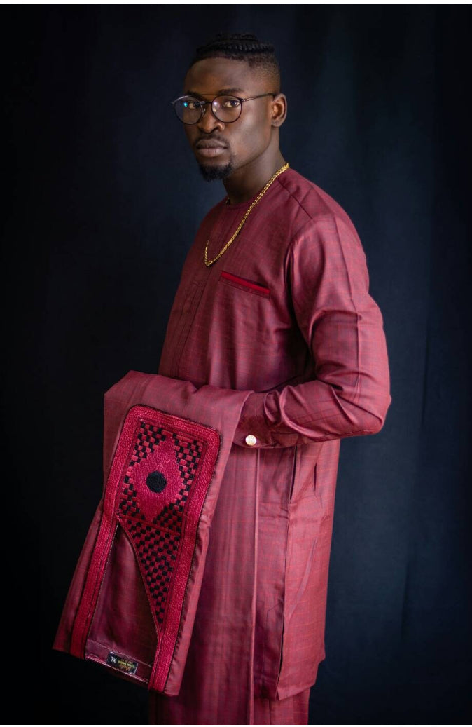 Ademola| Wedding Agbada |Wedding outfit| Men’s 3pcs |Wine agbada | Nigeria outfit | Party wear